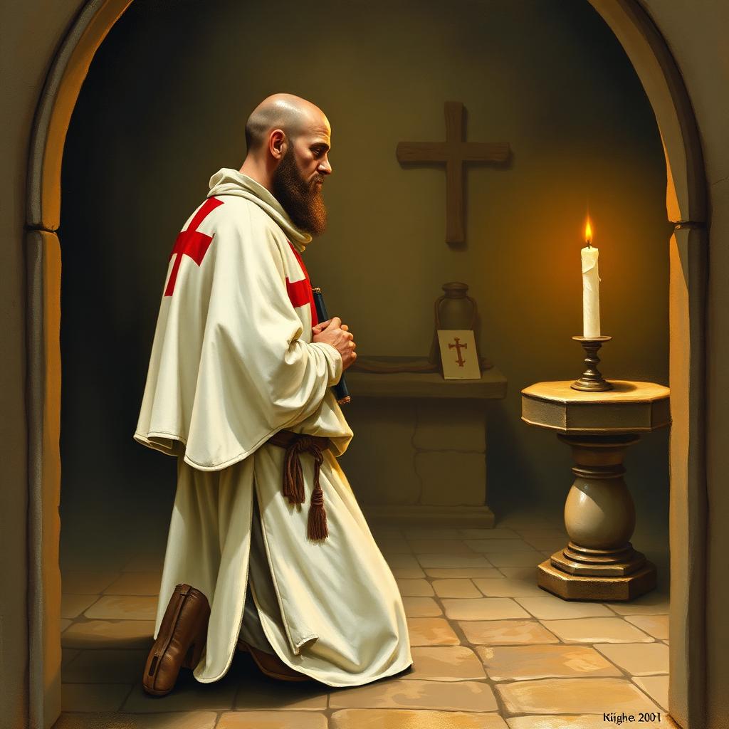 Illustration of a Knight Templar in white monastic habit kneeling in prayer inside a stone chapel