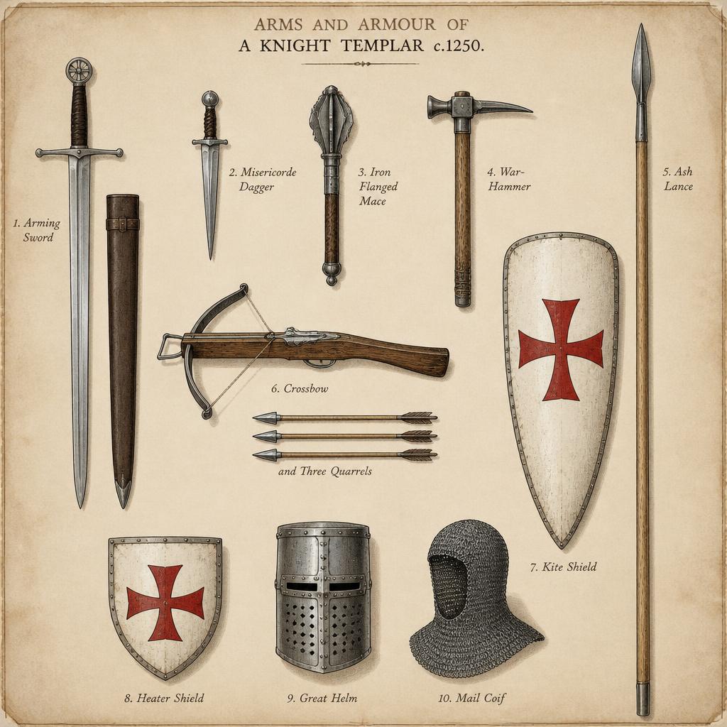 Reference plate of Knights Templar weapons and armour laid out on parchment