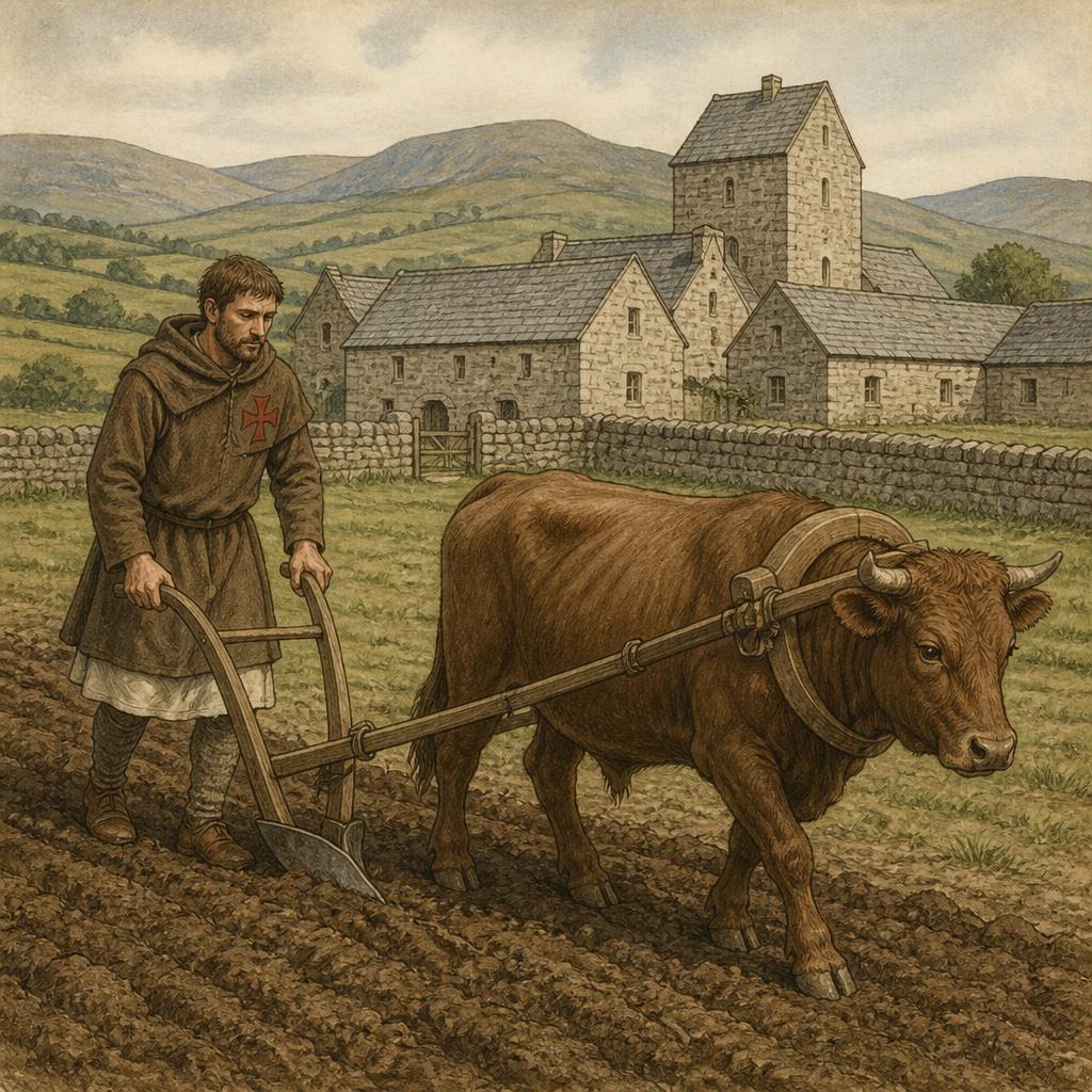 Illustration of a Templar sergeant in brown tunic with red cross working an estate farm with an ox