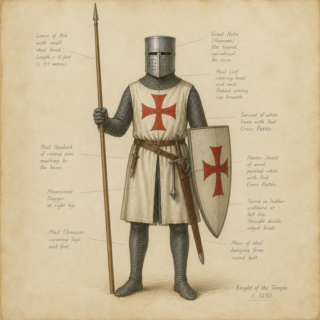 Illustration of a 13th century Knight Templar in mail hauberk, white surcoat with red cross, great helm and heater shield