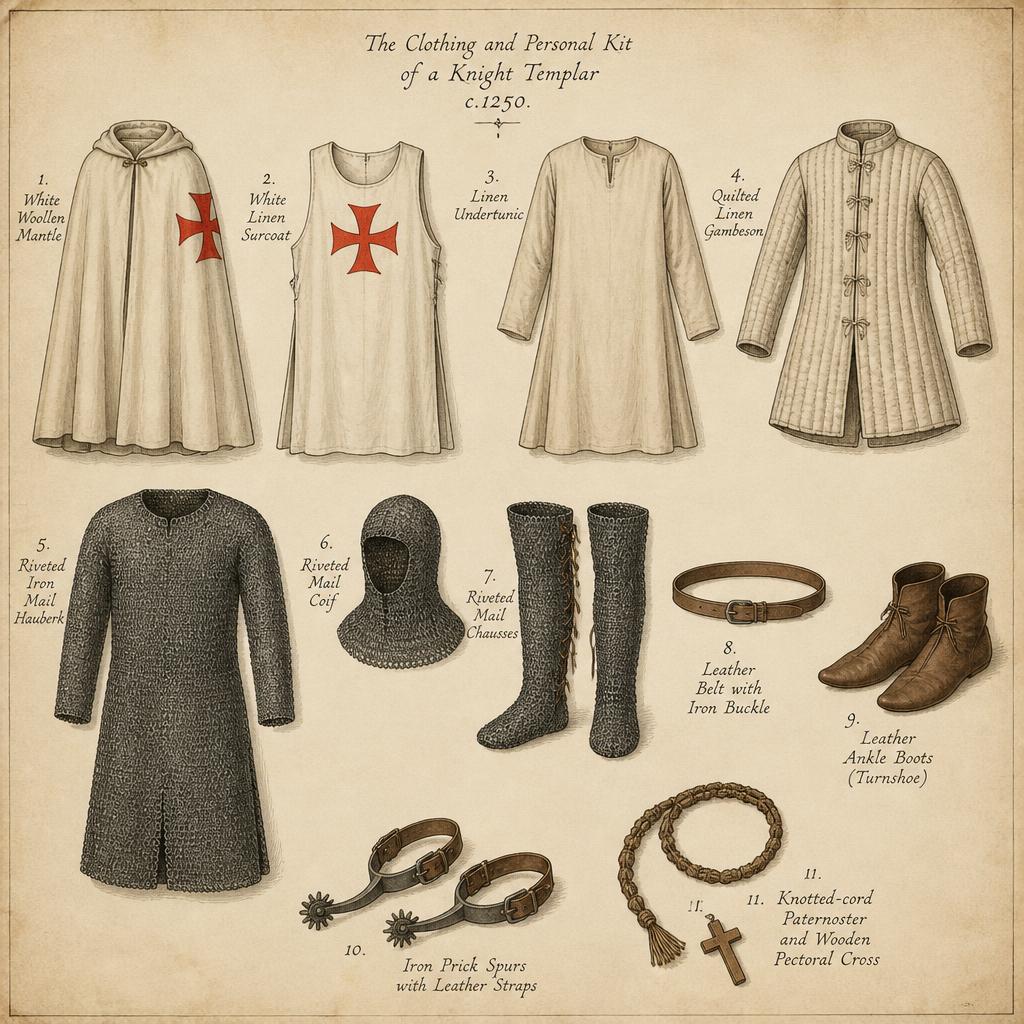 Reference plate of Knights Templar clothing and personal equipment laid out on parchment
