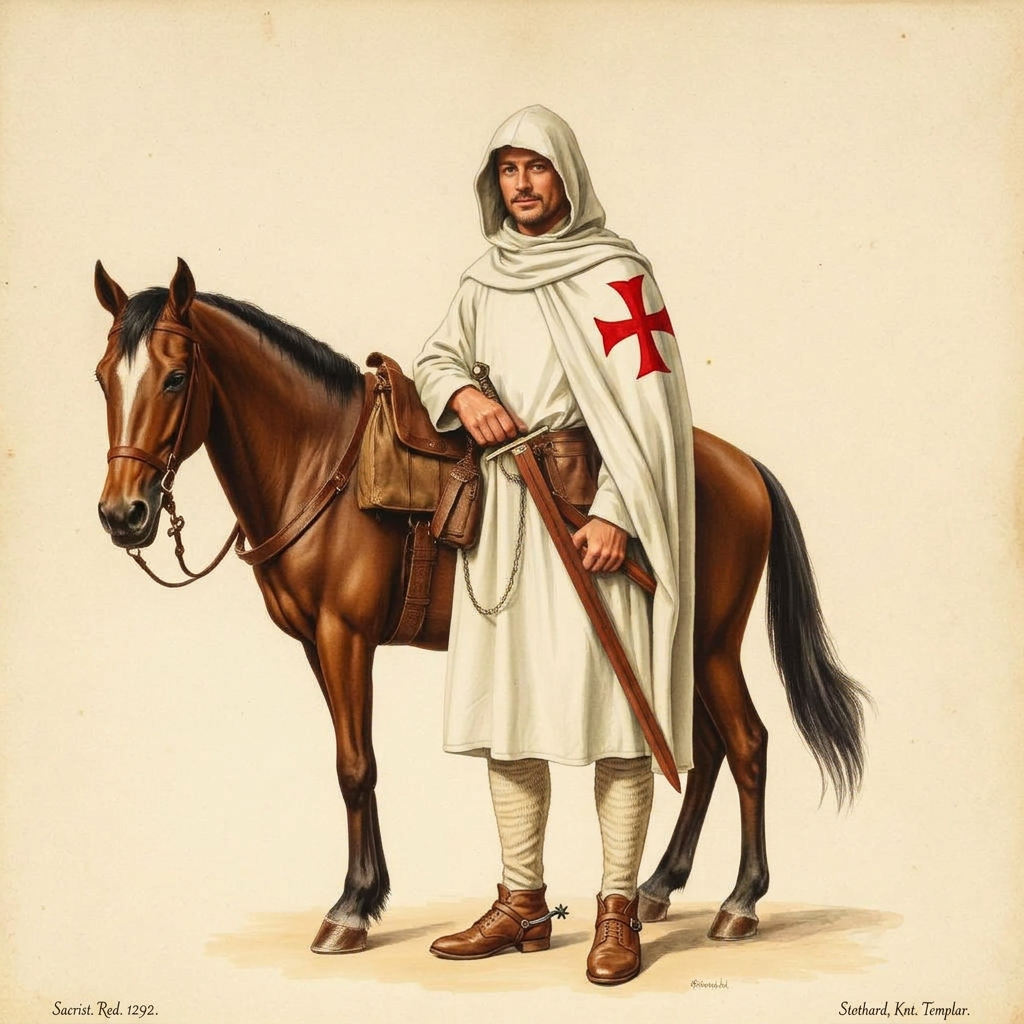 Illustration of a Knight Templar in white mantle and hood beside a saddled horse, dressed for travel