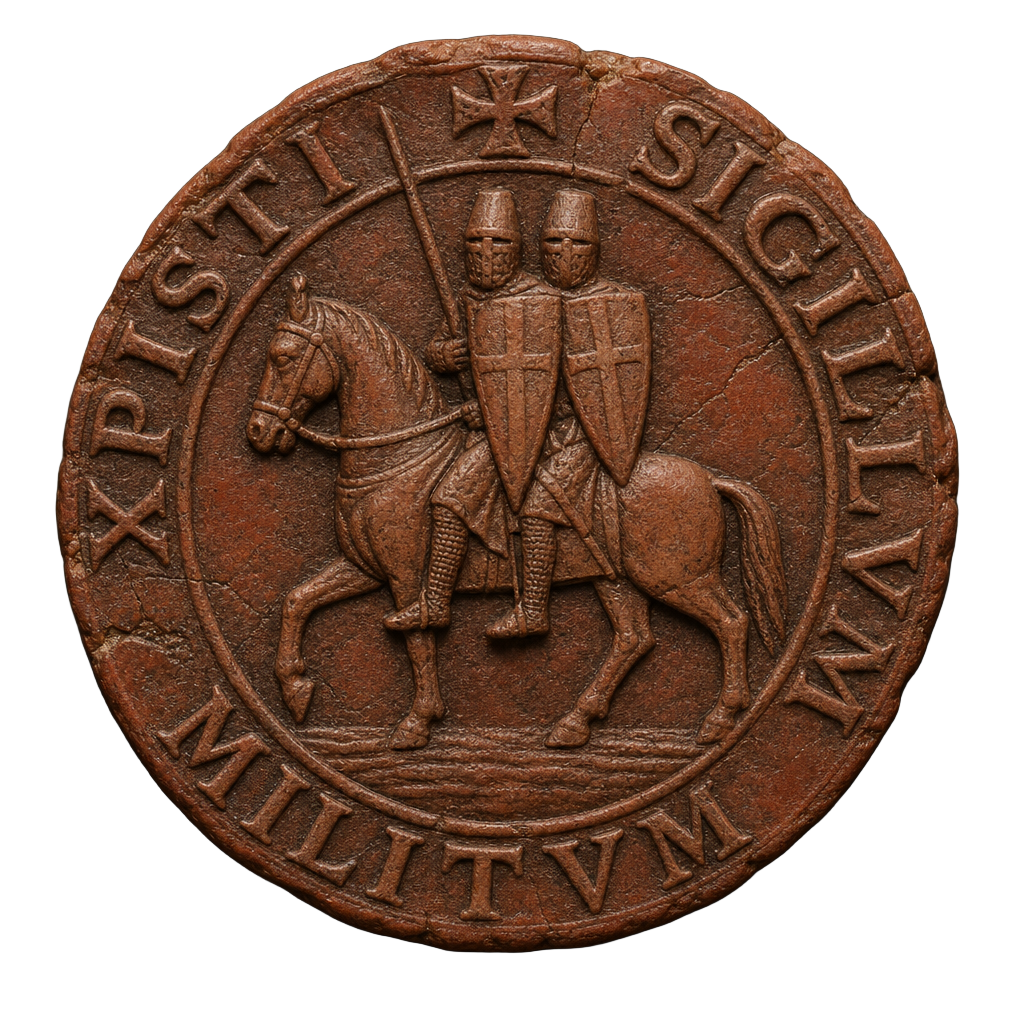 Sigillum Militum Xpisti — the seal of the Knights Templar showing two knights on one horse